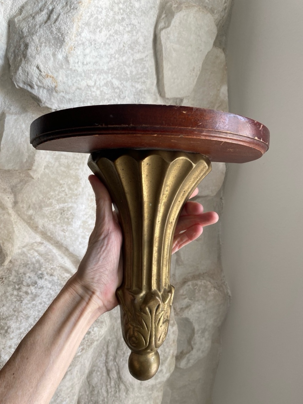 Vintage Antique Brass & Mahogany Wall Shelf